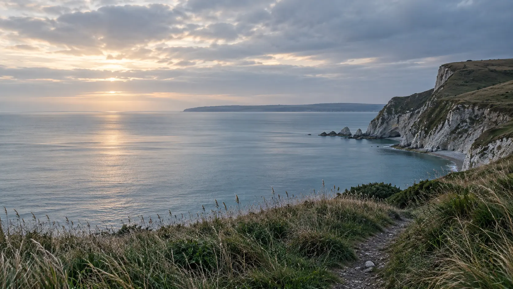 Quiet Dorset coastline at first light